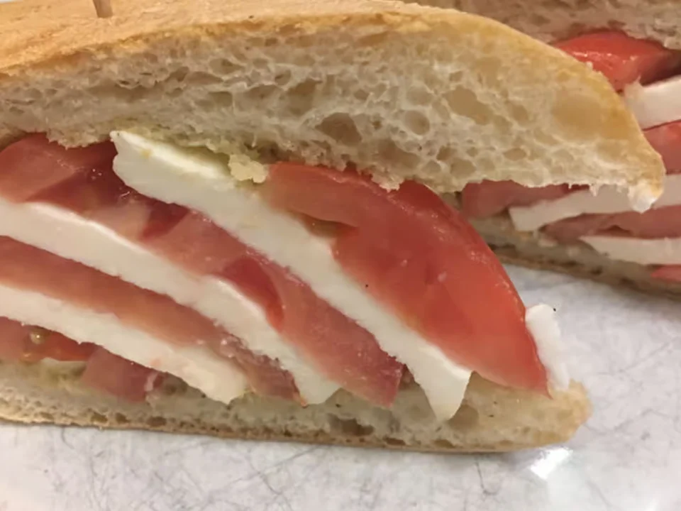 Fresh Mozzarella Sandwich - Fresh mozzarella with tomato and basil on artisan bread